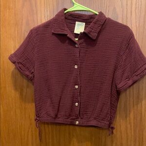 Red Ribbed Crop Shirt with Notched Collar